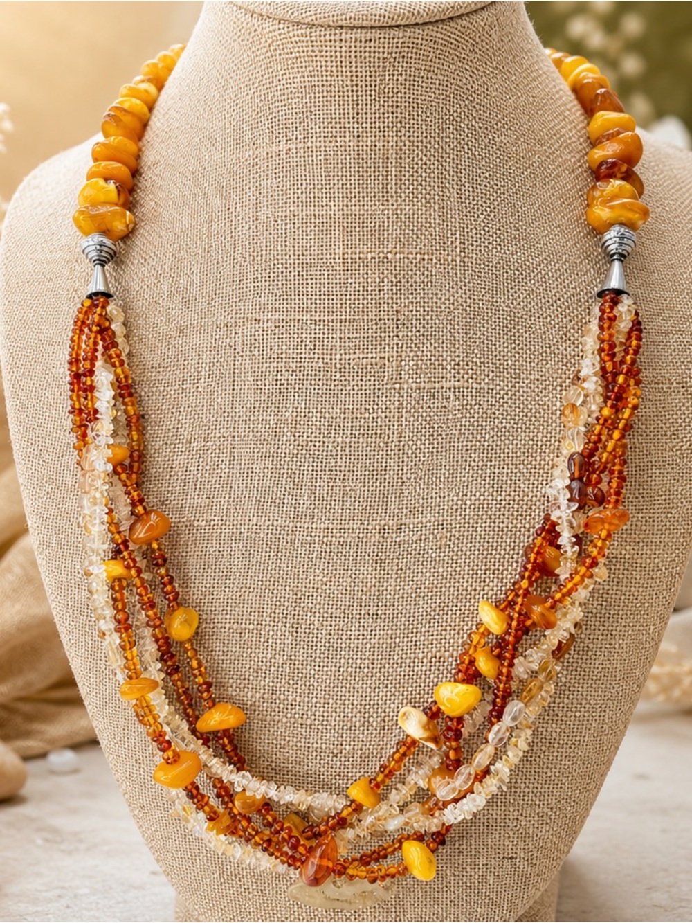 Baltic Egg Yolk Amber Citrine 6 Strand Sterling Necklace 119g—30” Boho Luxury